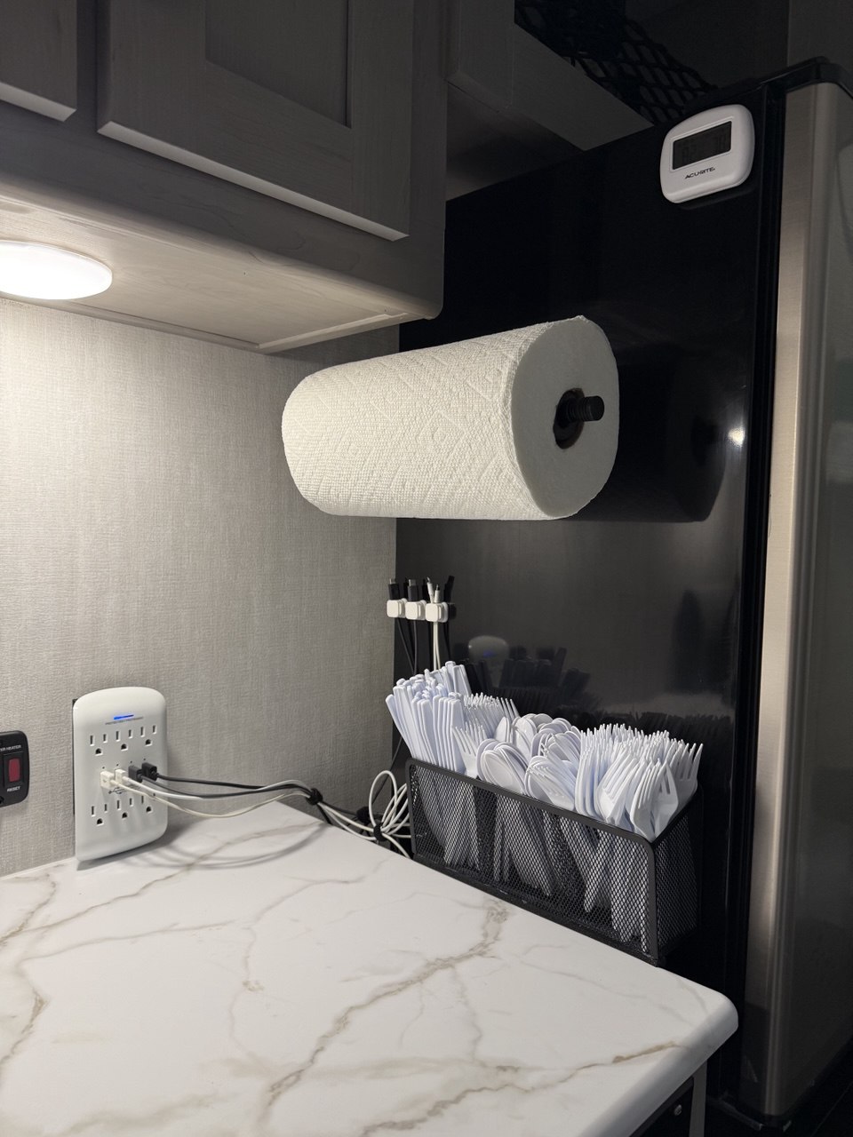 Complete refrigerator organization system in Coachmen Clipper