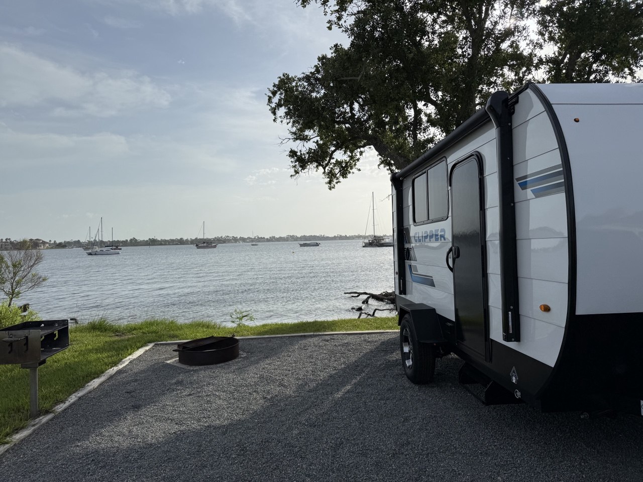 Coachmen Clipper at waterfront campsite at Andrews State Park