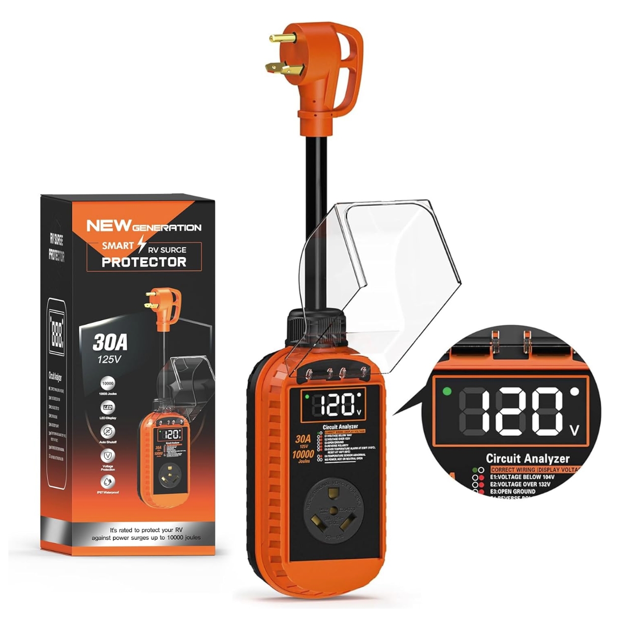 30A RV surge protector with digital display showing voltage reading